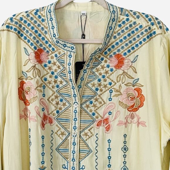 NWT Laura Klein Tunic Top Size XXL Embroidered Roll Tab Sleeve Lined Boho Yellow - Picture 4 of 12